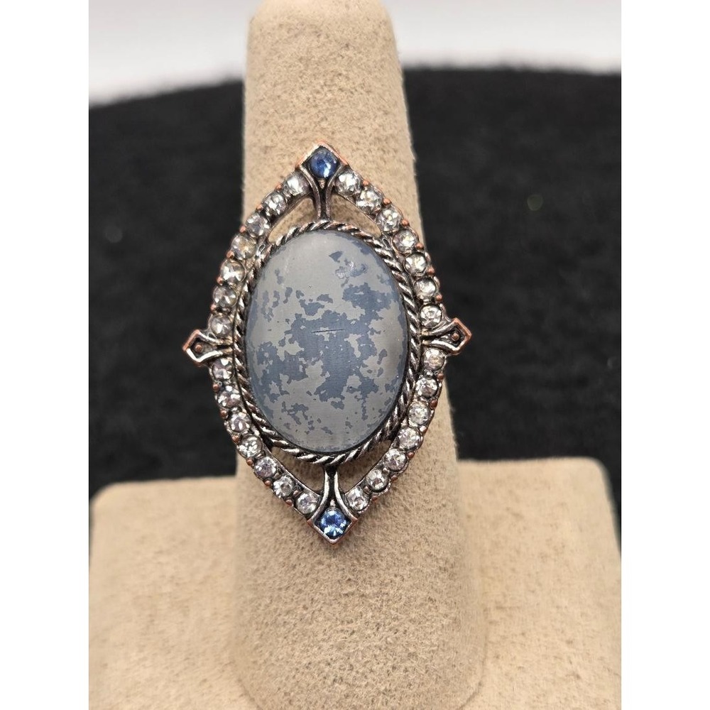 Dendritic Opal Ring Size 7 Silver Tone Large Oval Cabochon Marquis-shaped Frame